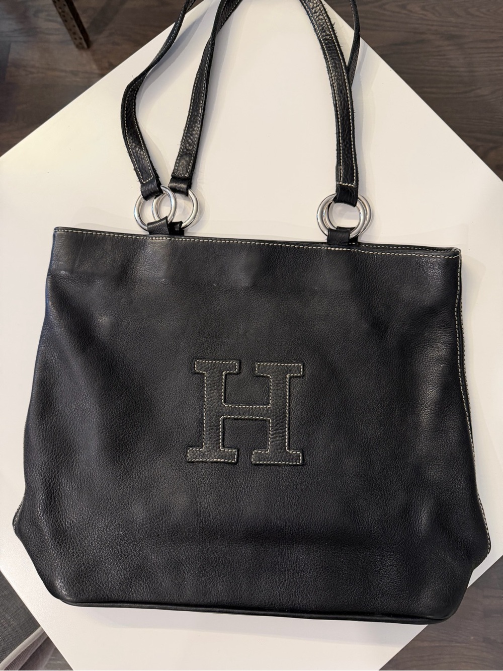 Rare Vintage monogram Roots Canada Black Genuine Leather Tote Shoulder Bag 1990s